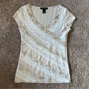 White House Black Market Cream Lace Short Sleeve Top